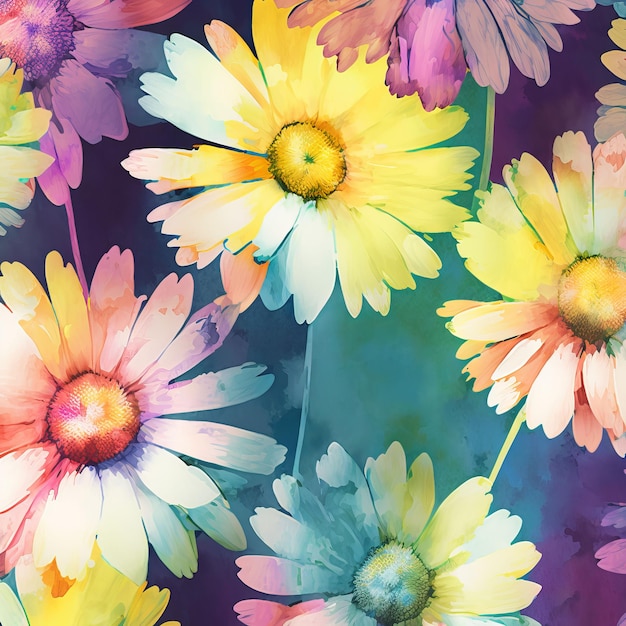 A colorful painting of daisies with a blue background.