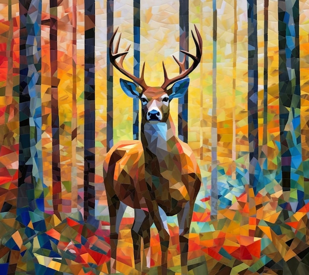 A colorful painting of a deer in the forest.