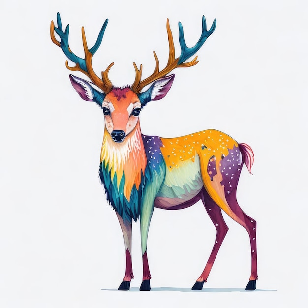 A colorful painting of a deer with antlers and a purple head.