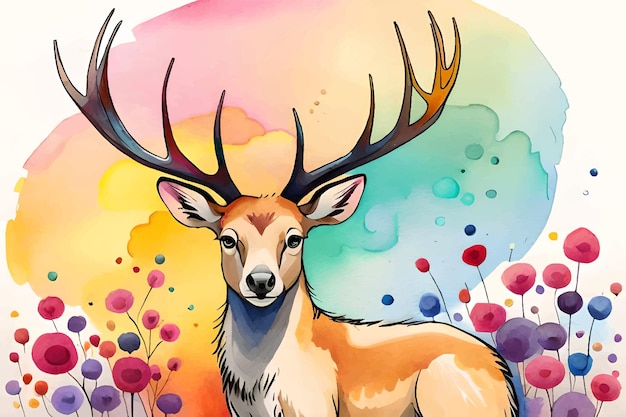 A colorful painting of a deer with antlers