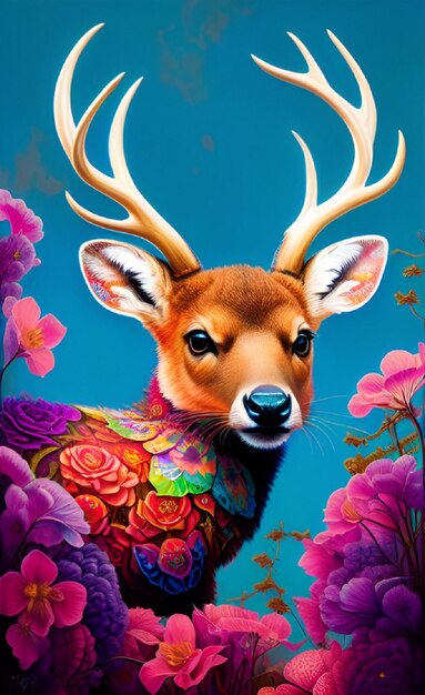 Красочная картина оленя с цветами на рогах.