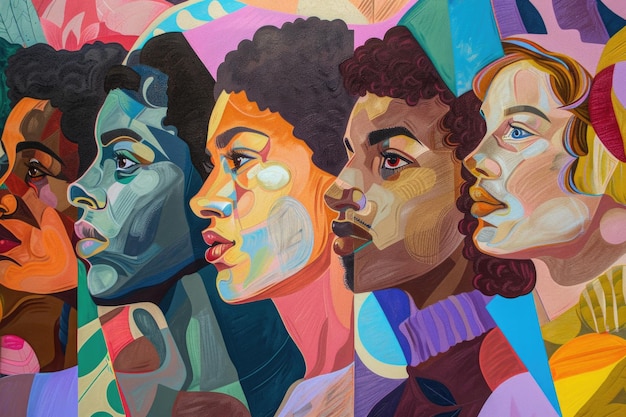 A colorful painting depicting a diverse group of people in various hues showcasing unity and individuality Each persons unique expression adds to the vibrant energy of the scene