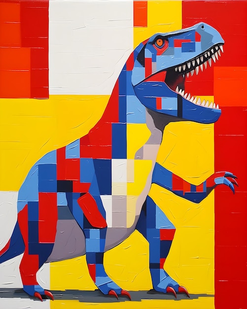 A colorful painting of a dinosaur with a t - rex on it.