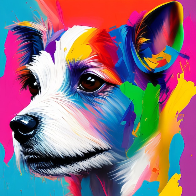 A colorful painting of a dog with the word dog on it