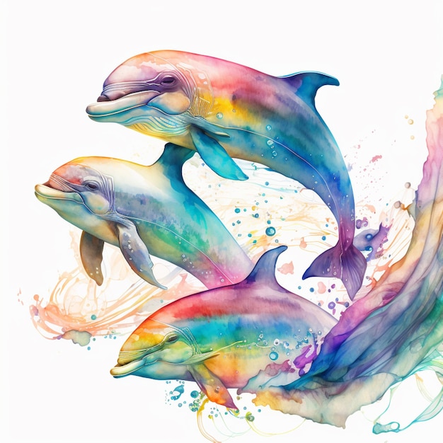 분홍색 코와 파란 코를 가진 돌고래의 화려한 그림.