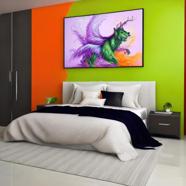 A colorful painting of a dragon is on the wall above a bed