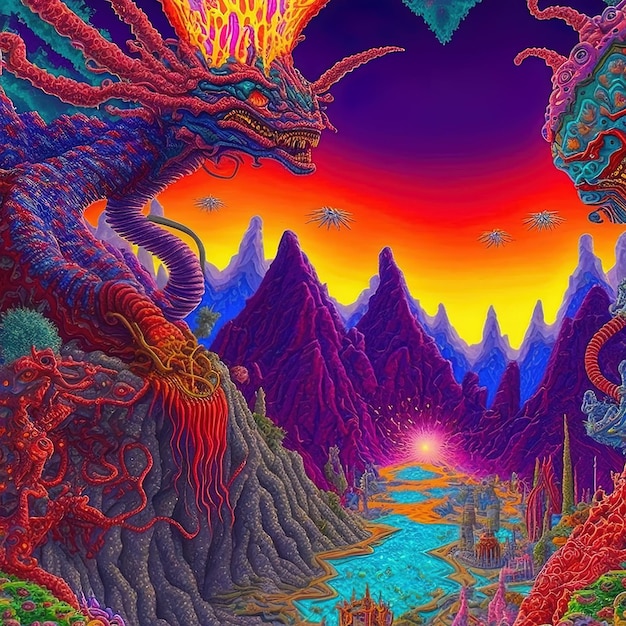a colorful painting of a dragon with a dragon on it
