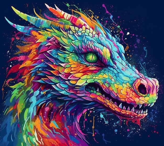 A colorful painting of a dragon with a green eye.