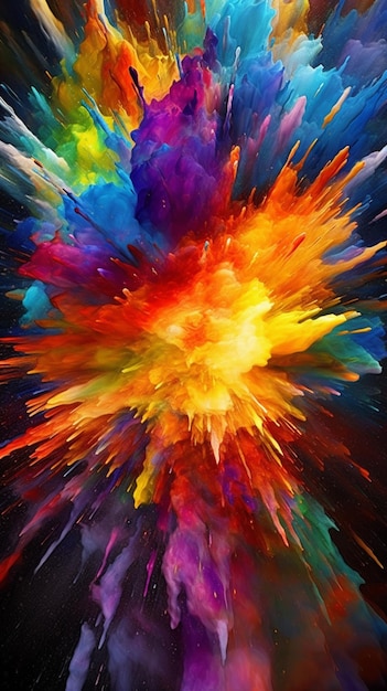 A colorful painting of a explosion with a black background and a purple background.