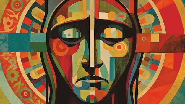 A colorful painting of a face with a cross on it.
