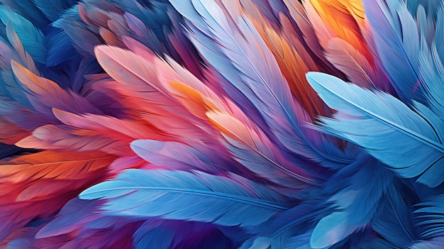 A colorful painting of feathers that are colored with blue, orange, and yellow colors.