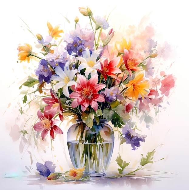 Colorful painting flower in the vase isolated on white