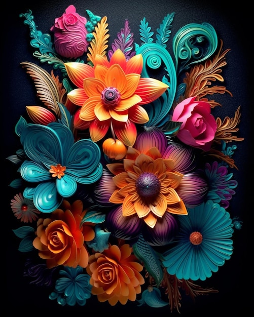 A colorful painting of flowers on a black background