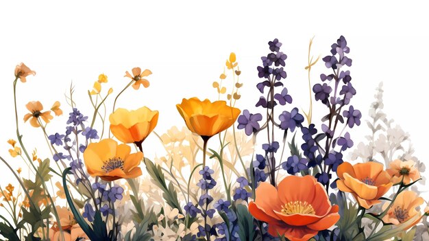 A colorful painting of flowers and blue flowers.