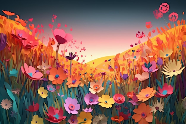 A colorful painting of flowers in a field with a sunset in the background.