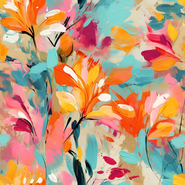 A colorful painting of flowers and leaves