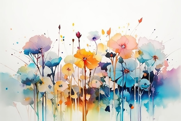 Photo a colorful painting of flowers on a white background colorful abstract flower meadow illustration