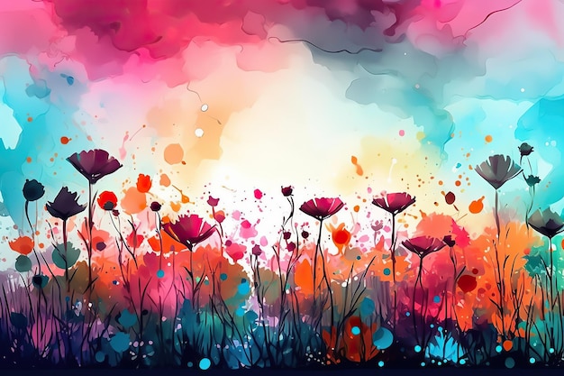 A colorful painting of flowers on a white background Colorful abstract flower meadow illustration