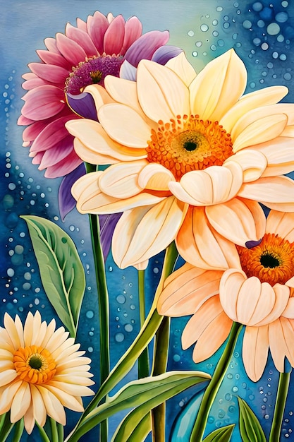 A colorful painting of flowers with a butterfly on the bottom.