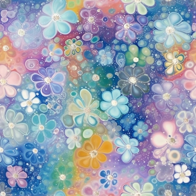 A colorful painting of flowers with a rainbow background.