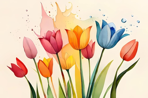 A colorful painting of flowers with a splash of liquid in the background.