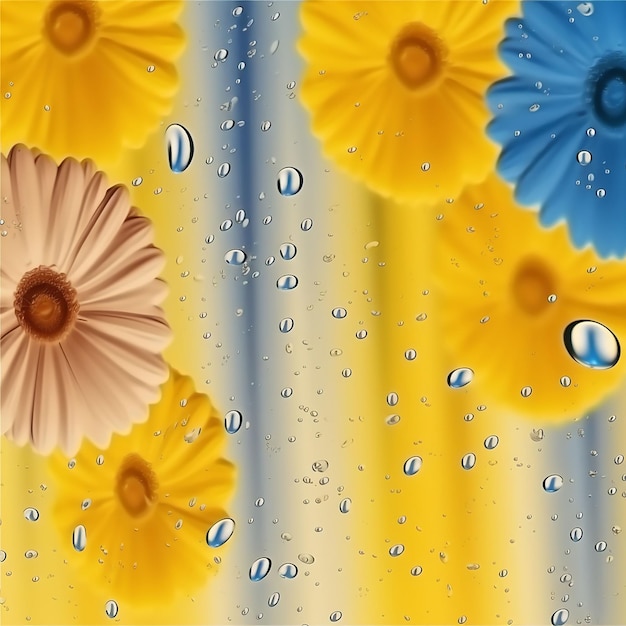 A colorful painting of flowers with water drops on the top