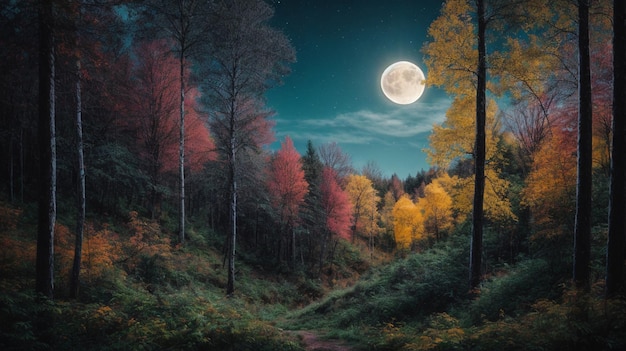 A Colorful Painting of a Forest Bathed in Moonlight