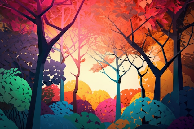A colorful painting of a forest with a colorful background.