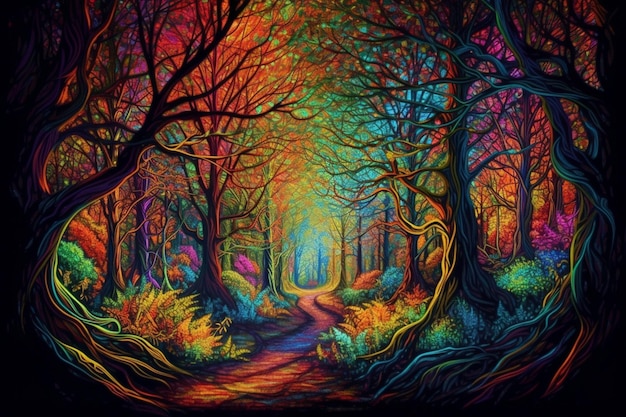 A colorful painting of a forest with a path leading to it.