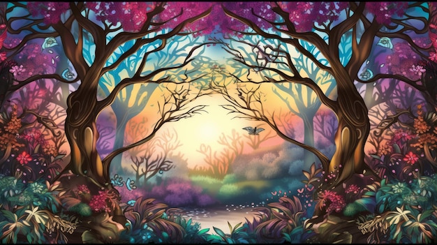 a colorful painting of a forest with trees and flowers