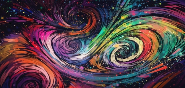 A colorful painting of a galaxy with a colorful swirl in the center.