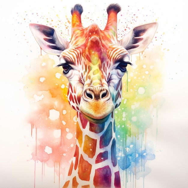 A colorful painting of a giraffe with the word giraffe on it.