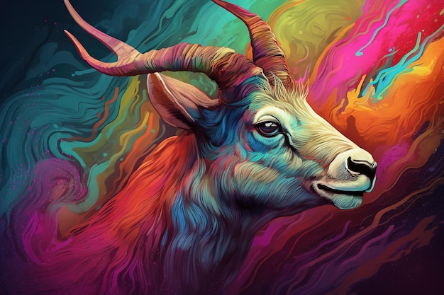 A colorful painting of a goat with horns and horns.