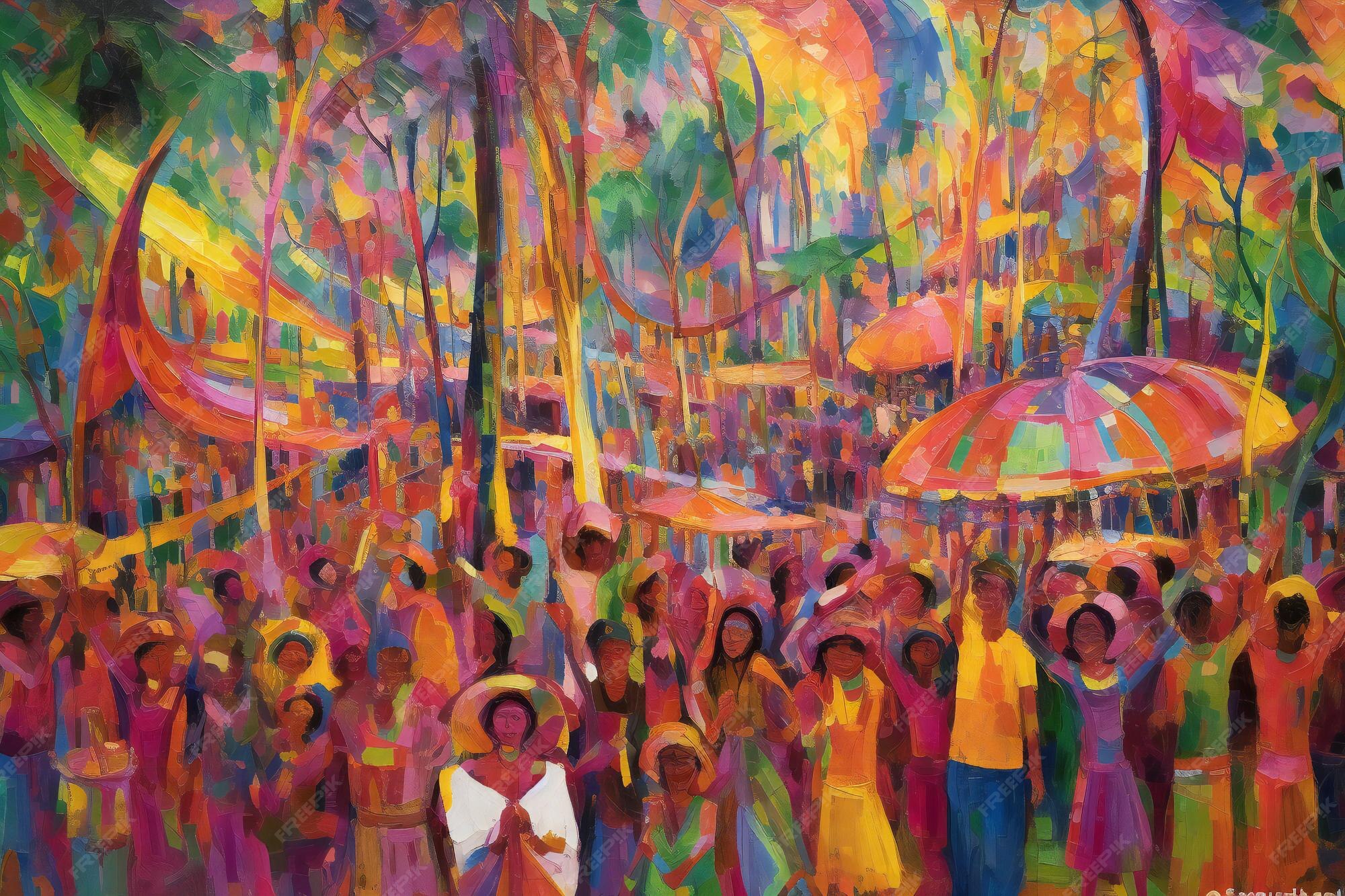 Premium AI Image | Colorful painting of a group of people in the rainforest