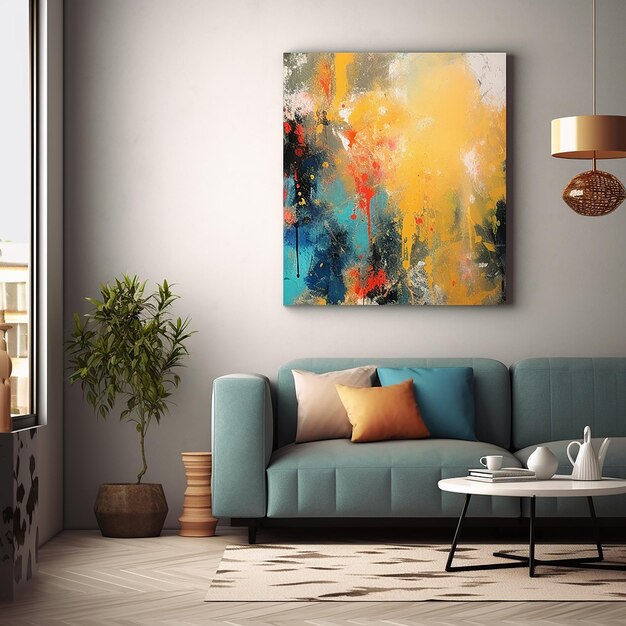 a colorful painting hangs on a wall above a couch.