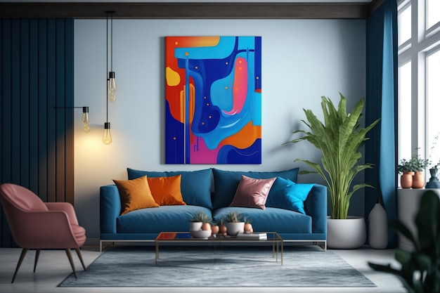 A colorful painting hangs on a wall in a living room.