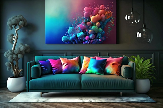 A colorful painting hangs on a wall in a living room.