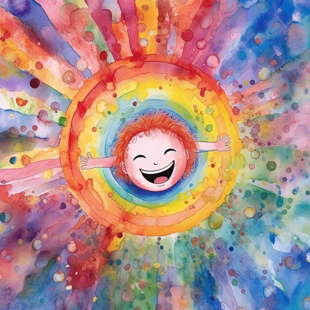 Photo a colorful painting of a happy child with a rainbow background.