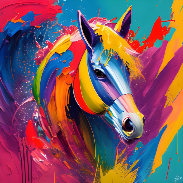 A colorful painting of a horse with a rainbow colored head.