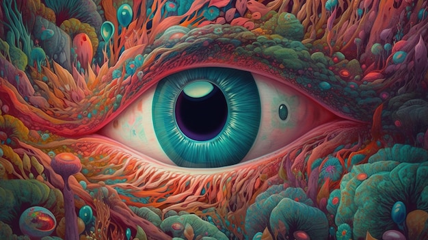 A colorful painting of a human eye with a blue eye and a flower on the bottom.