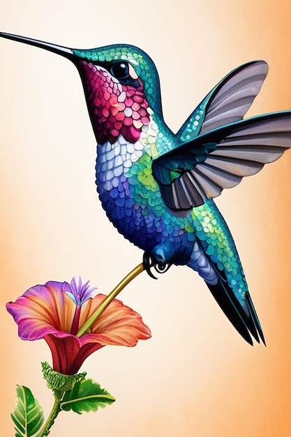 Photo a colorful painting of a hummingbird with a flower and a flower