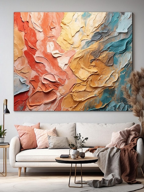 a colorful painting is on the wall above a couch