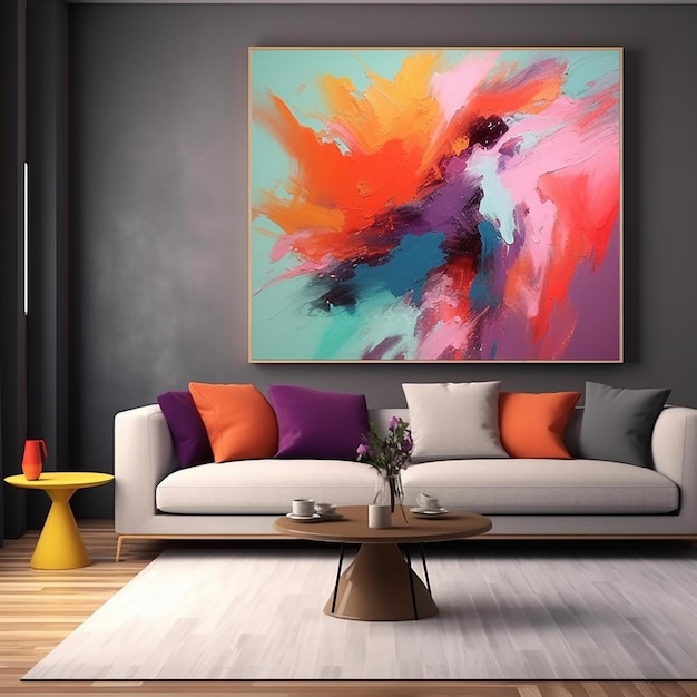 a colorful painting is on the wall in a living room.