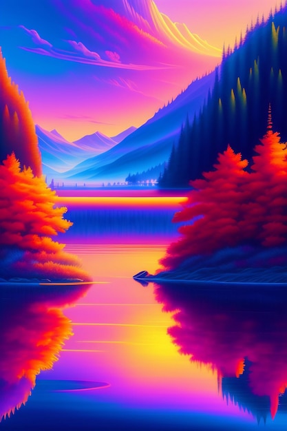 A colorful painting of a lake with trees and mountains in the background