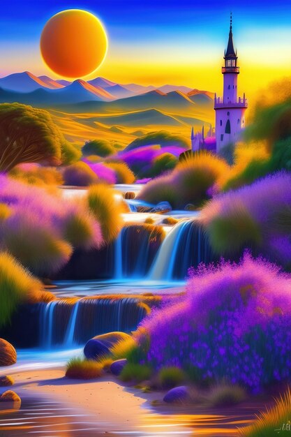 A colorful painting of a lighthouse in a purple landscape