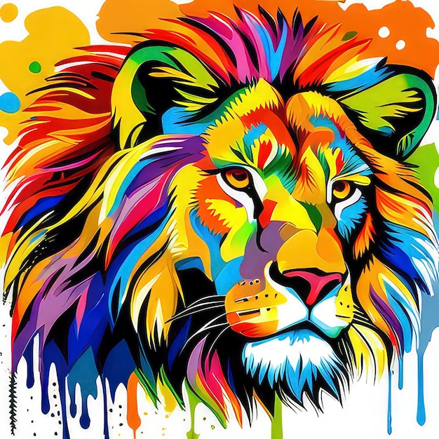 A colorful painting of a lion with a mane and the word lion on it