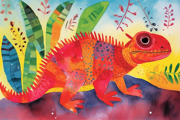 A colorful painting of a lizard with the word iguana on it