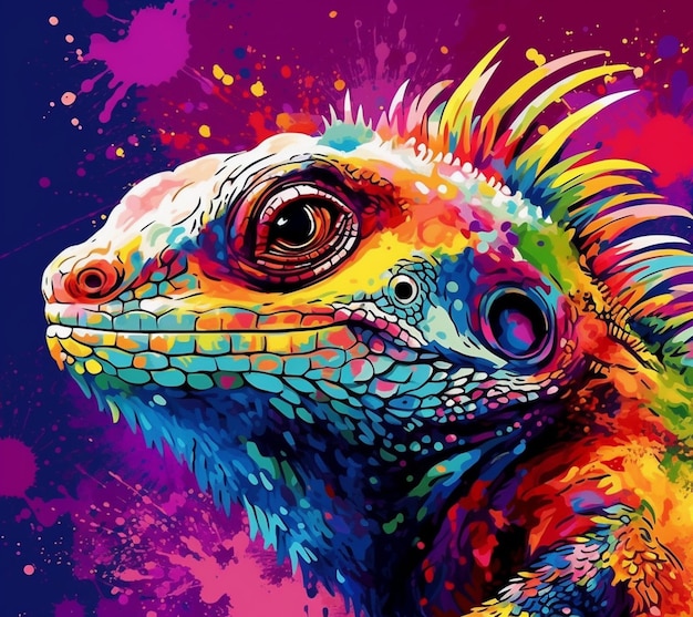 A colorful painting of a lizard with the word iguana on it.