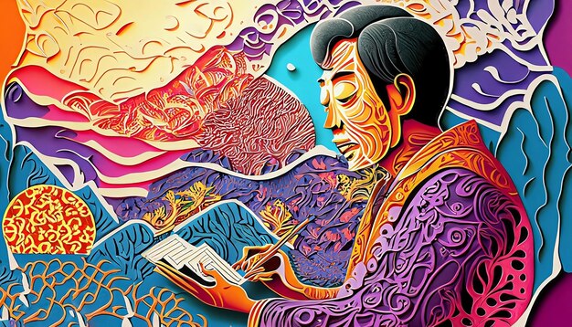 A colorful painting of a man reading a book.