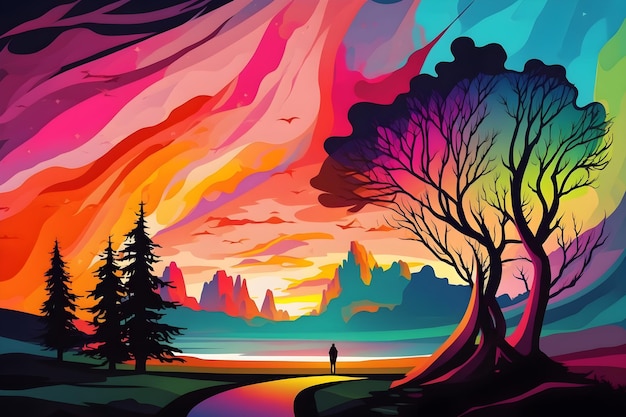 A colorful painting of a man standing on a path in front of a colorful sunset.